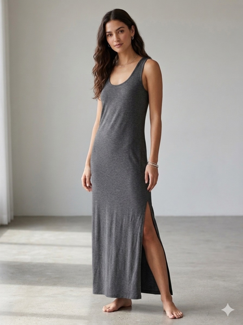 Scoop-Neck Charcoal Maxi Dress with Side Slits on either side